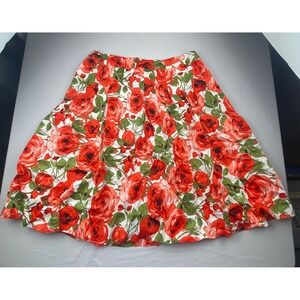 Appleseeds Petites Red Rose Floral Pleated A-Line Skirt Size 10P Cotton Blend
